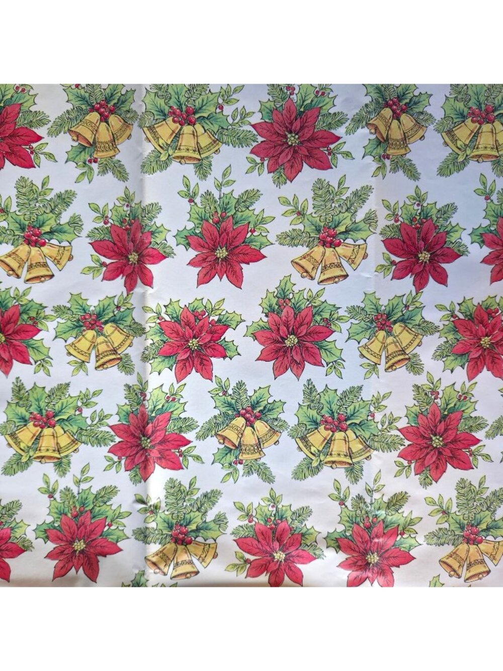 Vintage Christmas Wrapping Paper Poinsettias Gold Bells Holiday Gift Wrap 10 ft